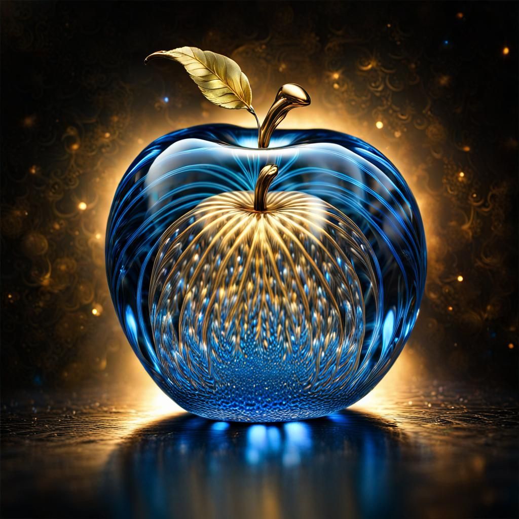Gold and Blue Crystal Apple with Bioluminescent Glow