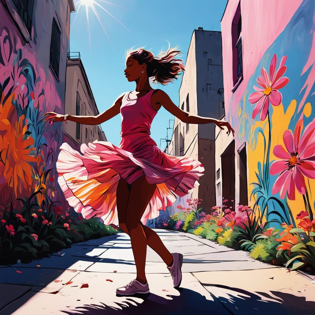 Dancer in Front of Vibrant Floral Street Art