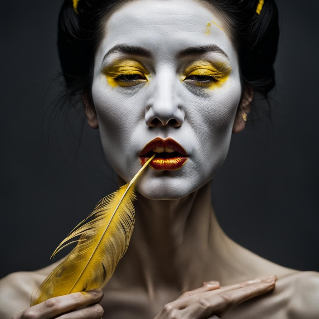 Futuristic Geisha Portrait with Yellow Feather
