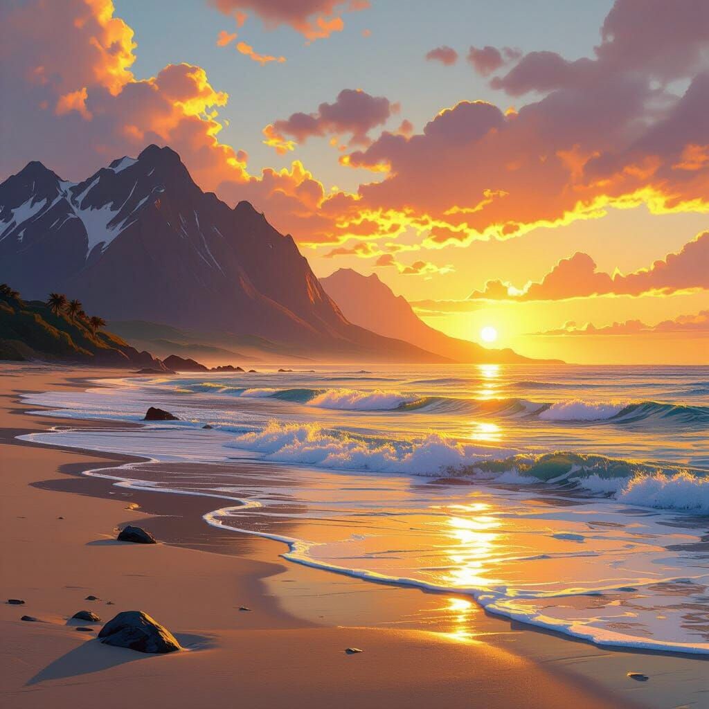 Sunset Beach with Mountains, Dreamy Digital Landscape