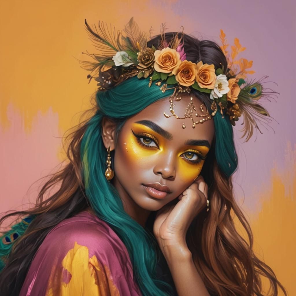 Rose Gold Woman with Peacock Feathers in Art Nouveau Style