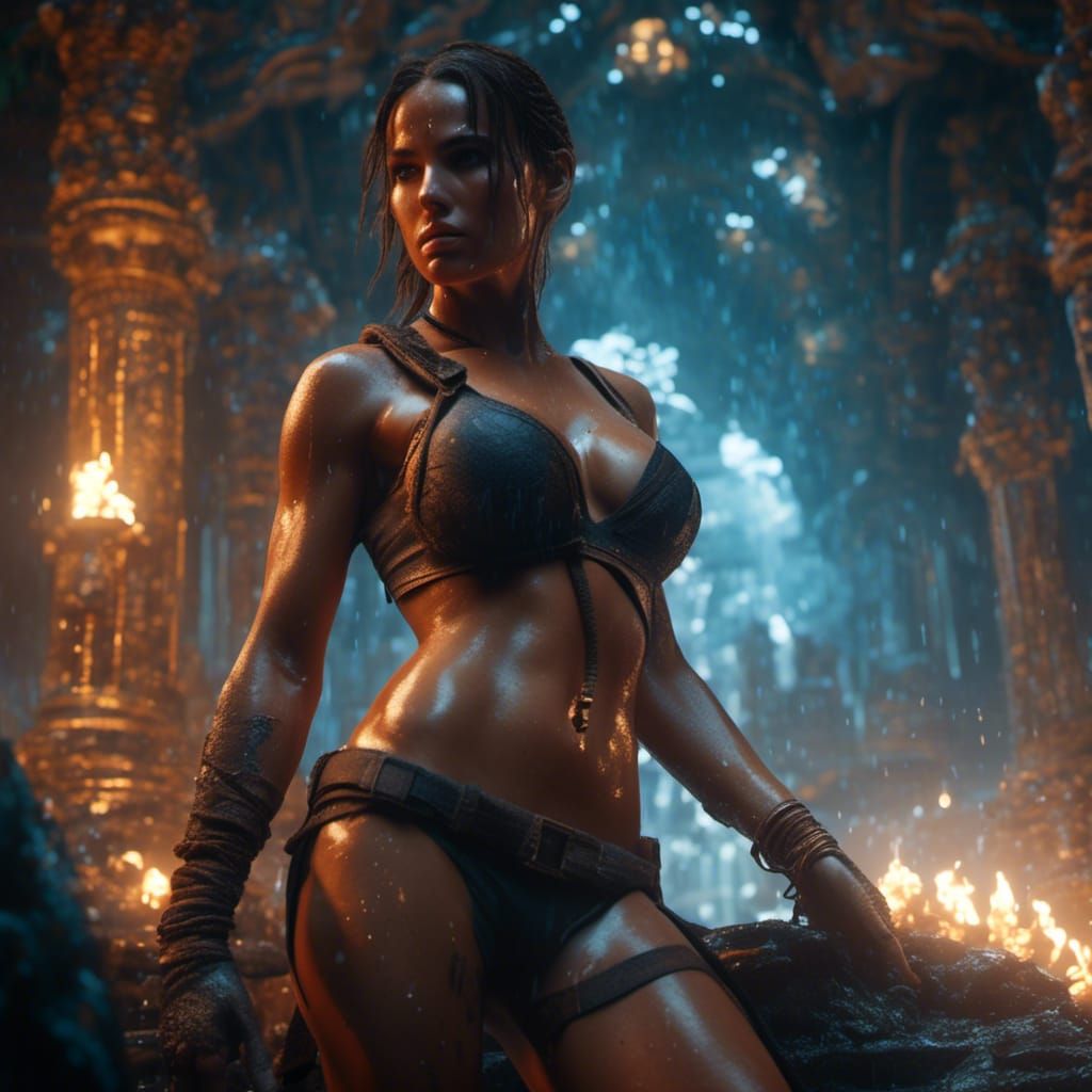 Lara Croft Climbing Temple, Hyperrealistic Digital Painting