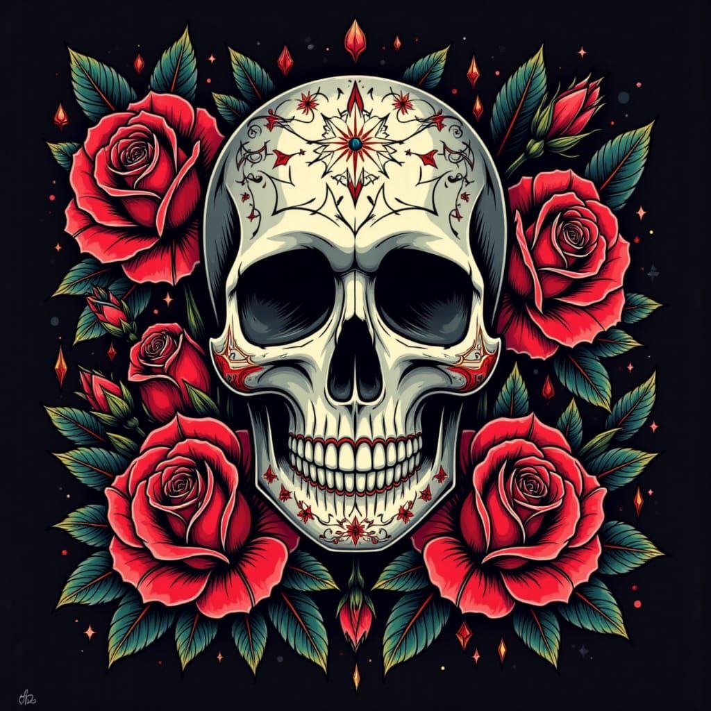 Floral Skull: Detailed Tattoo Design in High Resolution