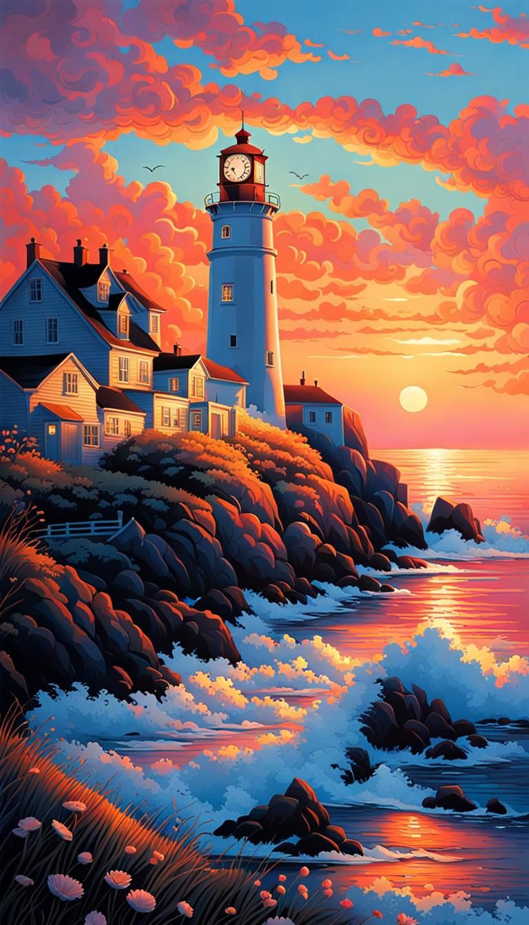 Surreal Lighthouse Cascade in Fluorescent Black Light