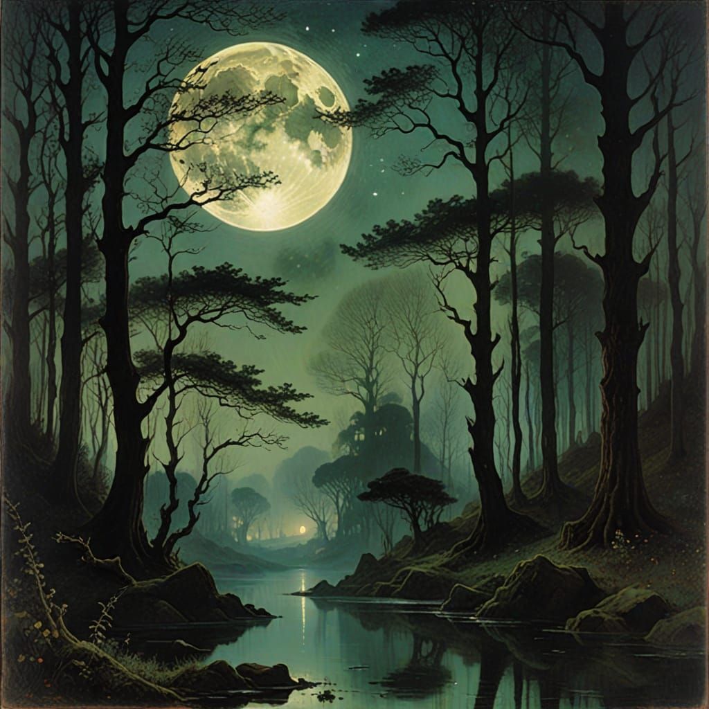 Mystical Moonlit Forest in Symbolist Style