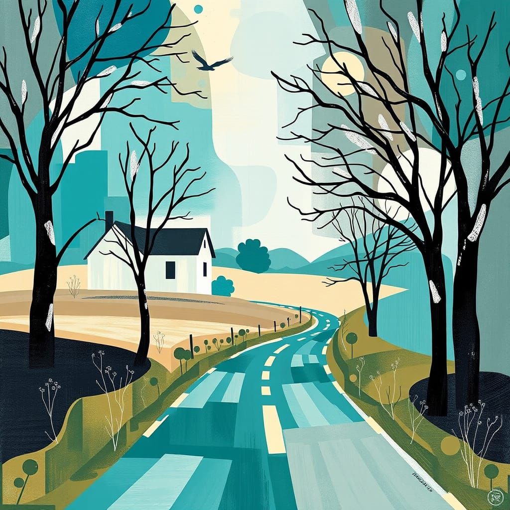 Mondrianesque Country Lane Abstraction in Turquoise and Silv...