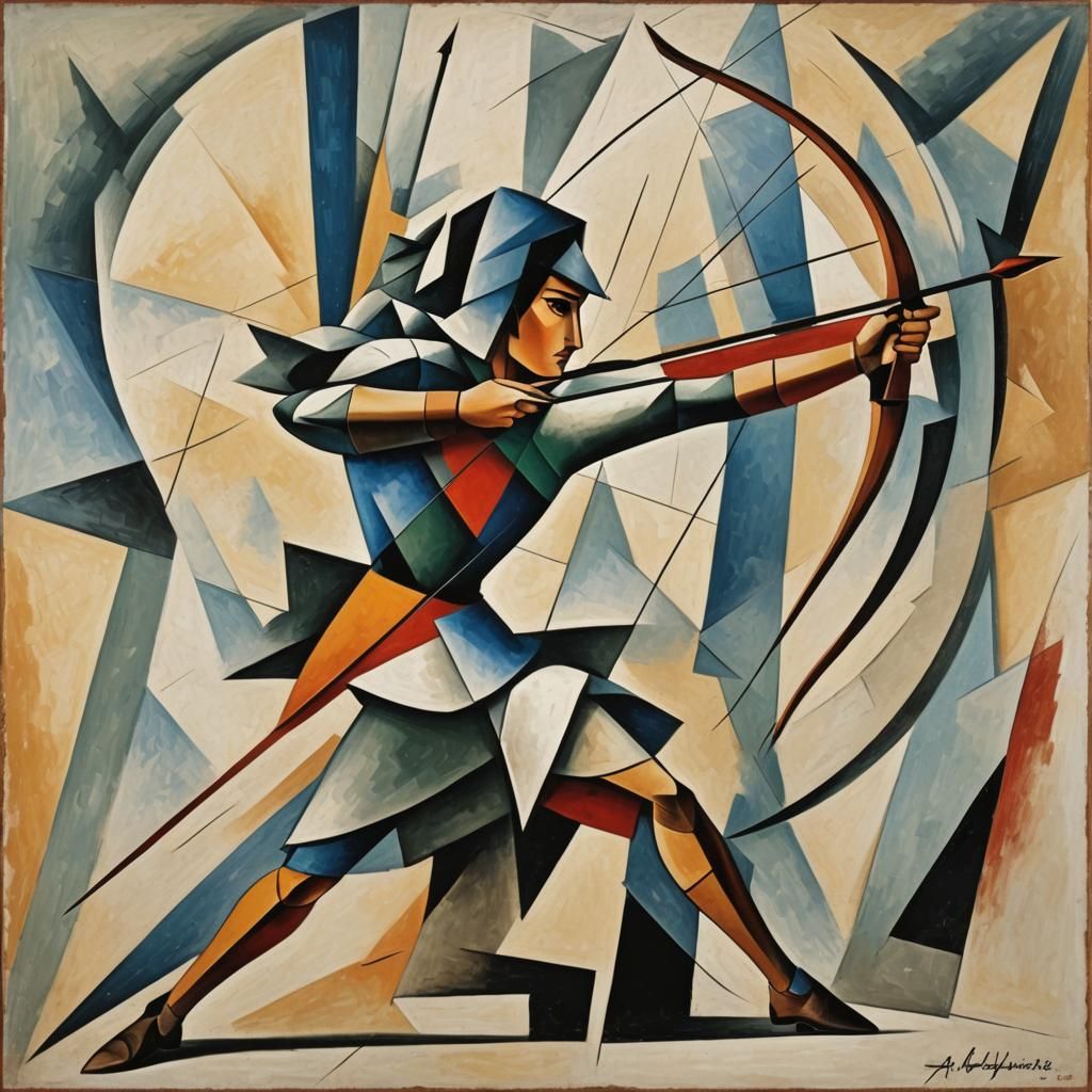 Archer Loosing Arrow in Cubist Abstract Style