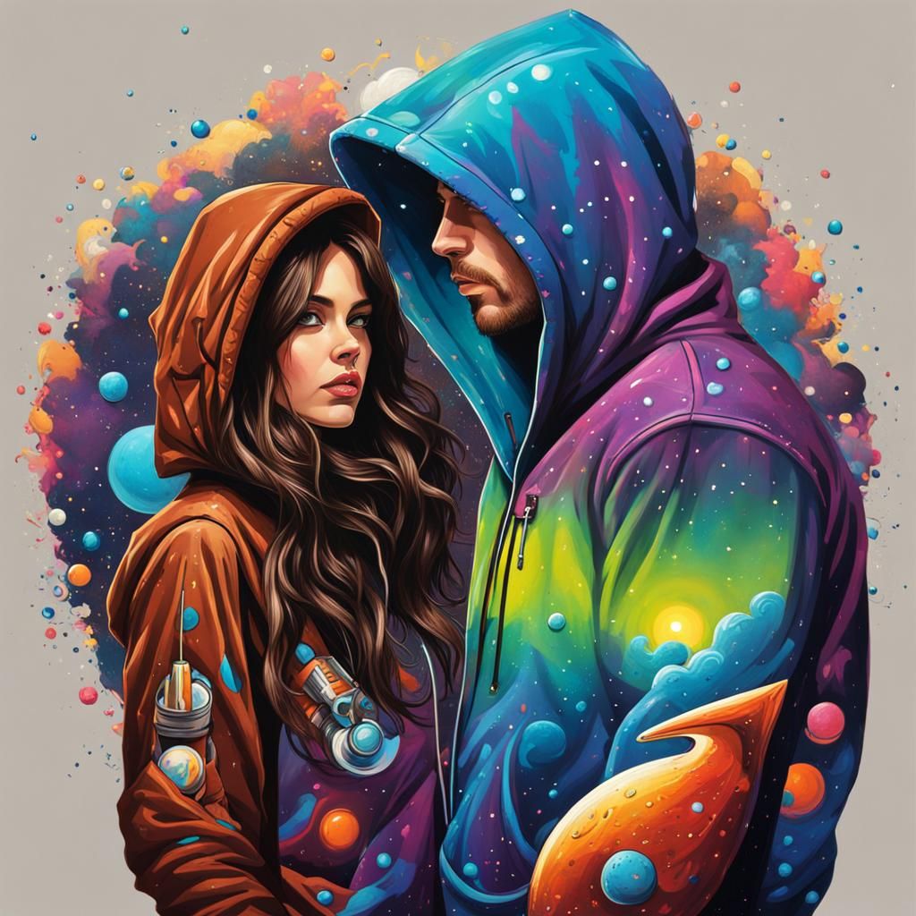 Couple on the Moon in Graffiti Art Style