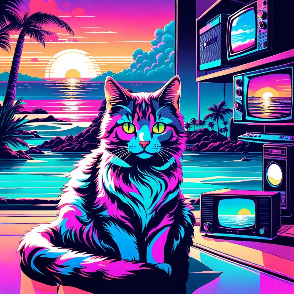 Vaporwave Cats in Liminal Space with Retro Tech