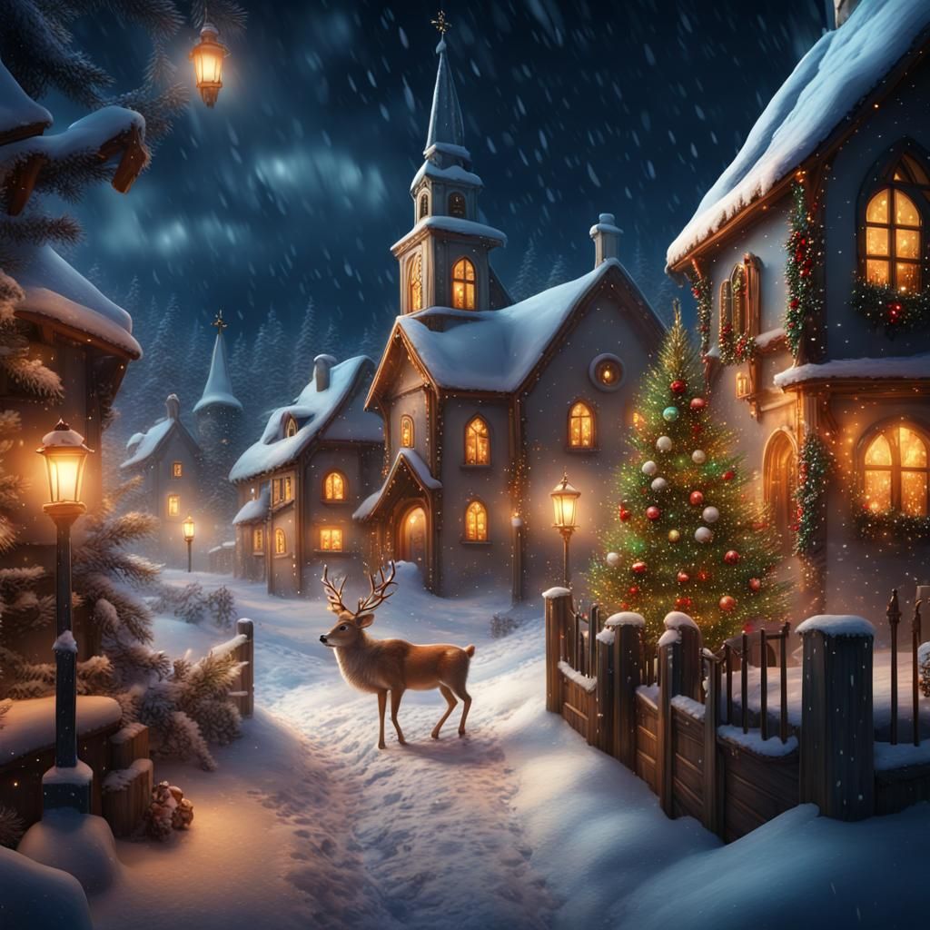 Cozy Christmas Village Scene in Detailed Digital Painting