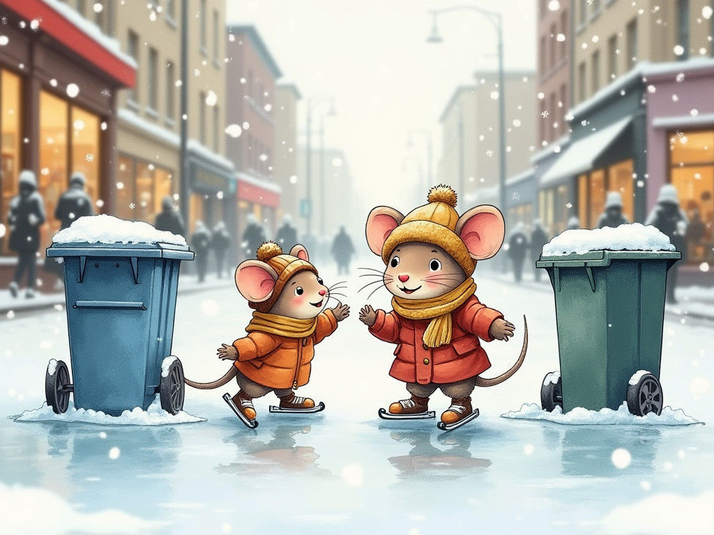 Cozy Mouse Family Skates on Frozen Puddle in Winter Wonderla...