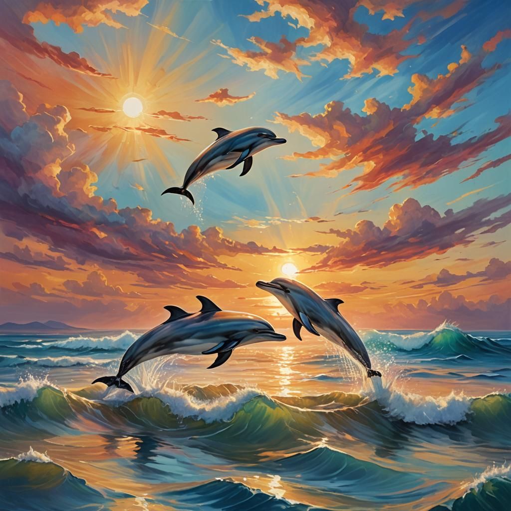 Dolphin Flight: Sunset Oil Painting with Pastel Hues