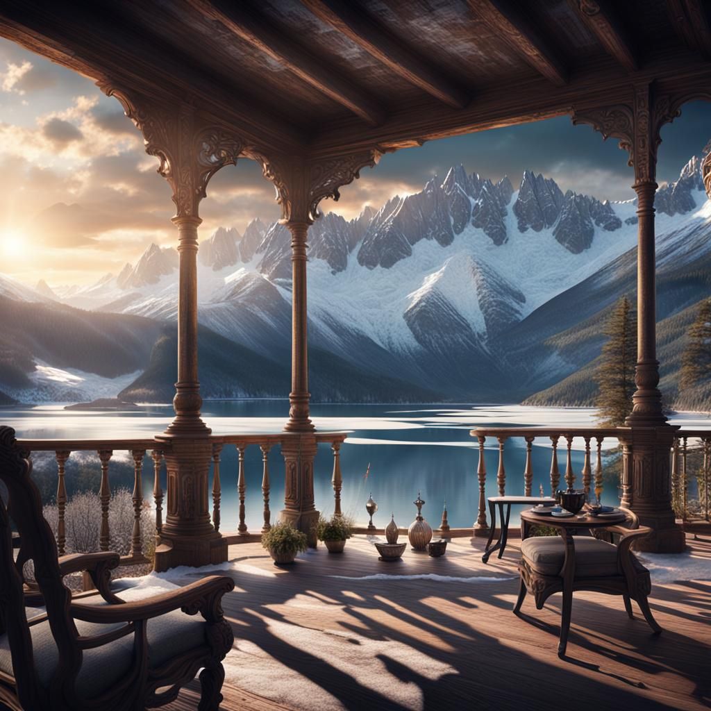 Iced Lake and Mountain View from Verandah