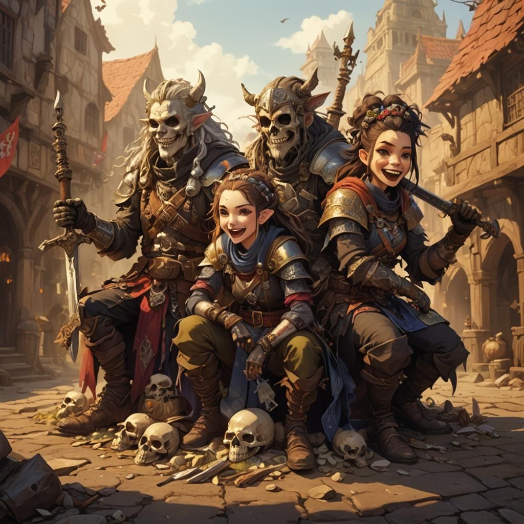 Anime Warrior Adventurers Relax in Mystical Village