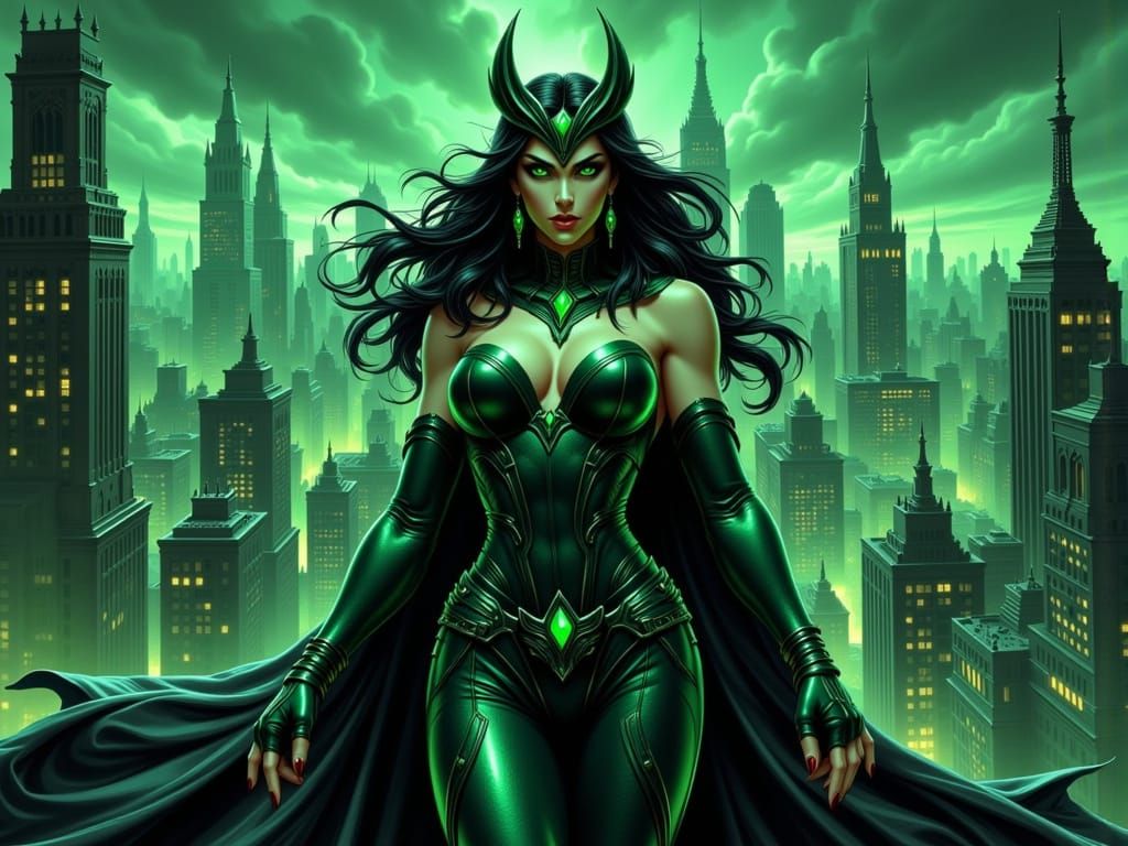 Comic Sorceress Queen Overlooking Neon Metropolis