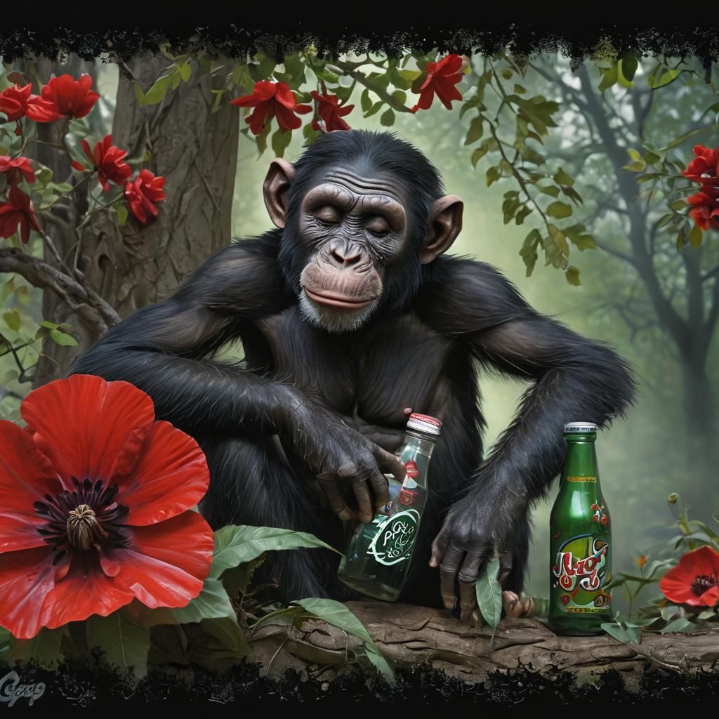 Chimp Smelling Poppy in Unsettling Comic Style