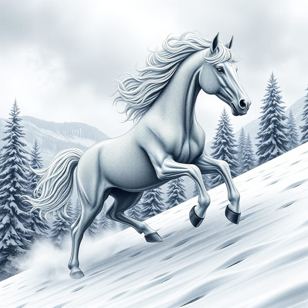 Majestic Silver Horse Galloping on Snowy Mountain