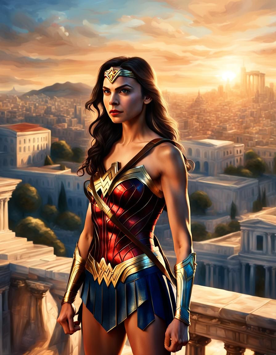 Wonder Woman Portrait in Greek Cityscape, Digital Painting