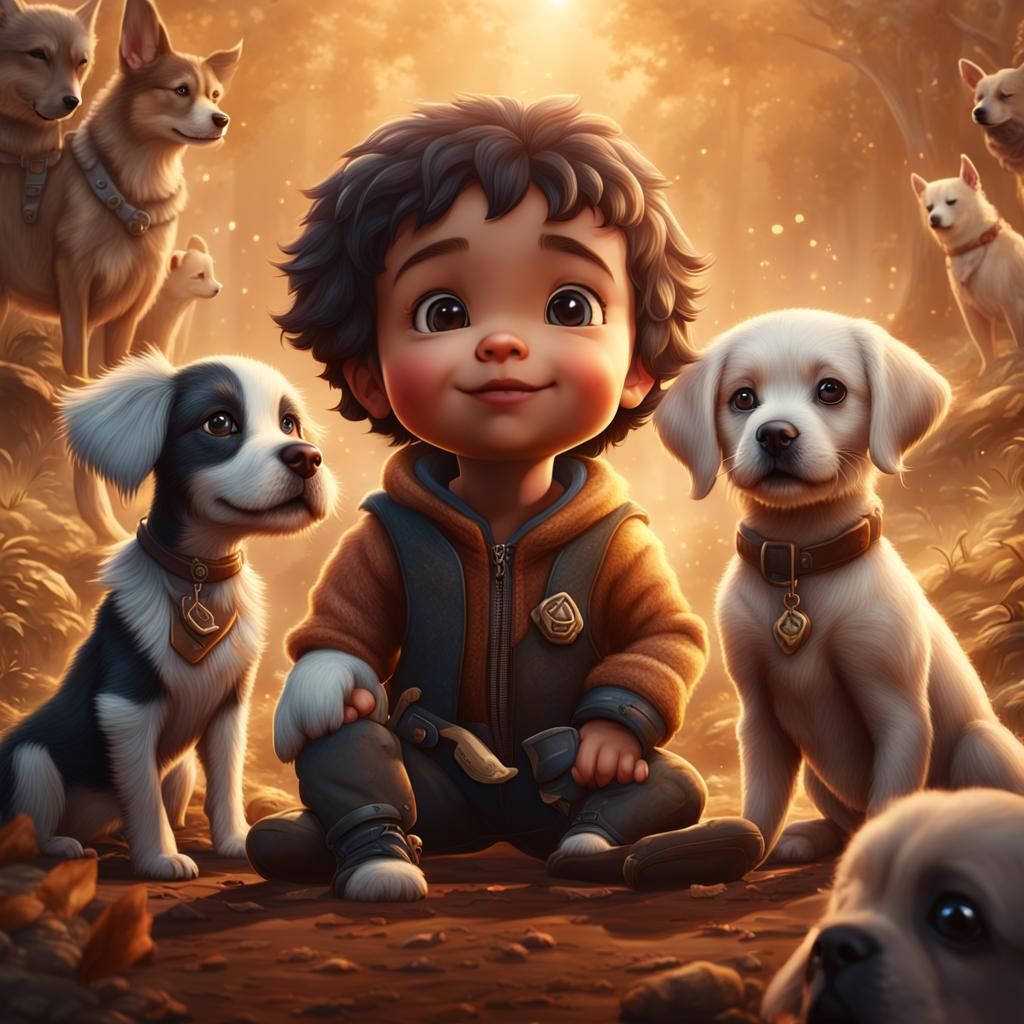 Adorable Baby and Dogs: Fantastical Detailed Matte Painting