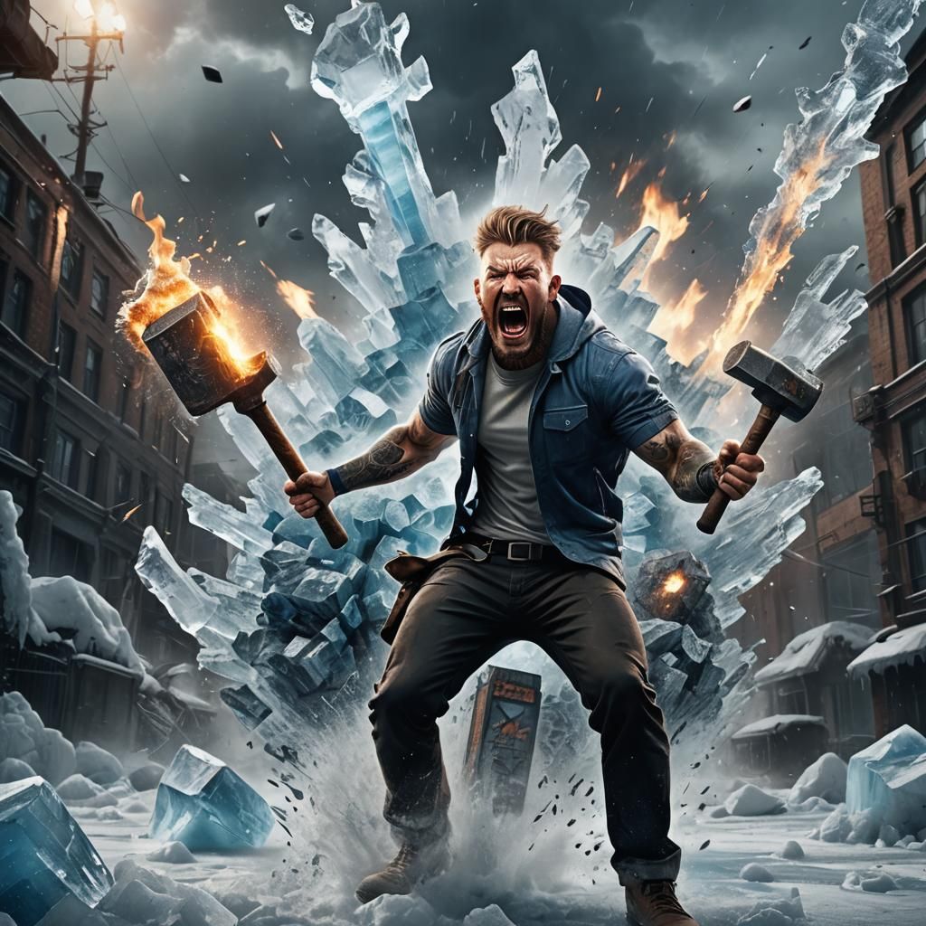 Furious Tattooed Man Shatters Ice with Hammer