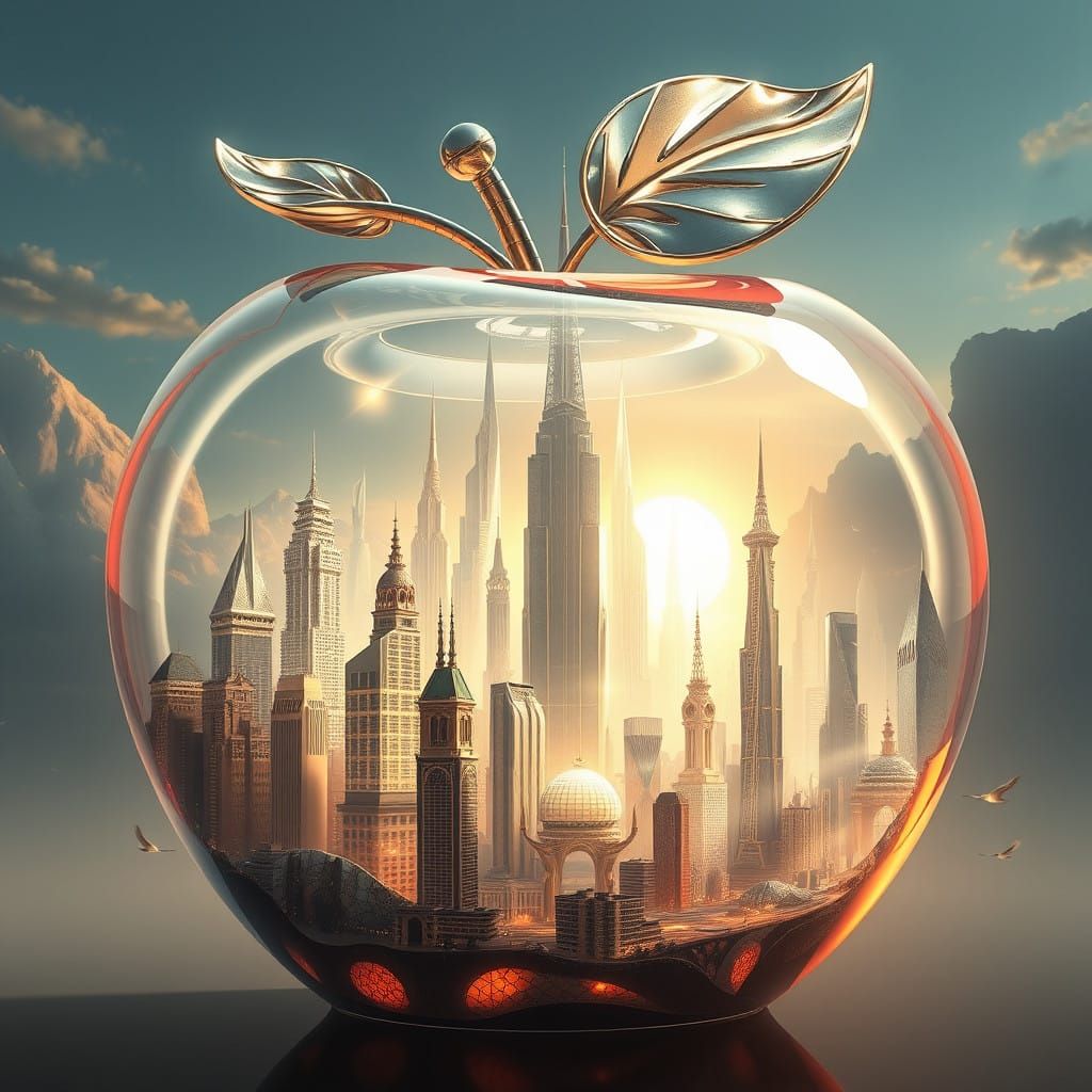 Futuristic Cityscape in a Glass Apple, Cyberpunk Style