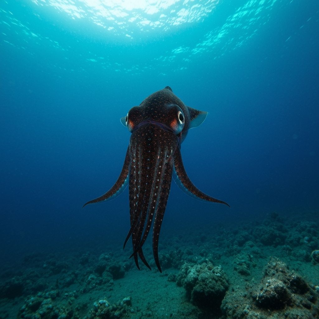Black Squid Lurking in Deep Ocean Abyss