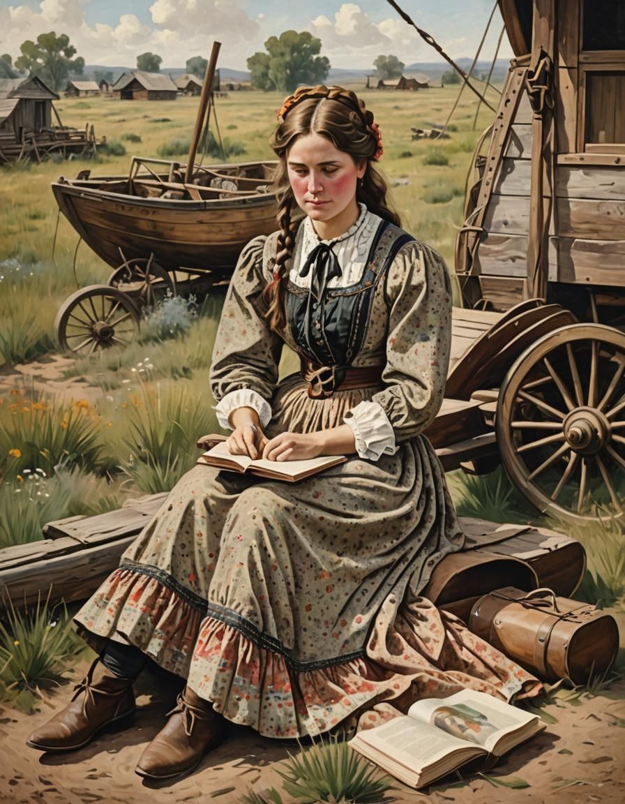 Pioneer Woman Reading by Prairie Schooner: Oil Painting