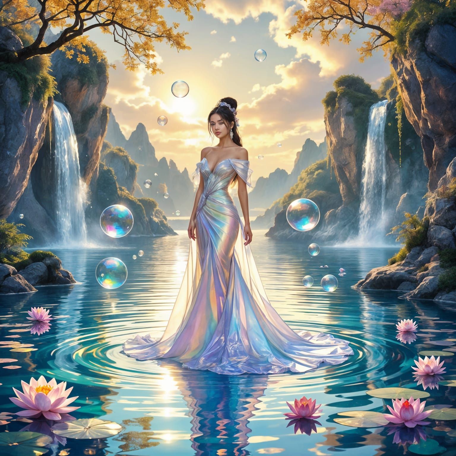 Elegant Woman in Surreal Crystal Lagoon