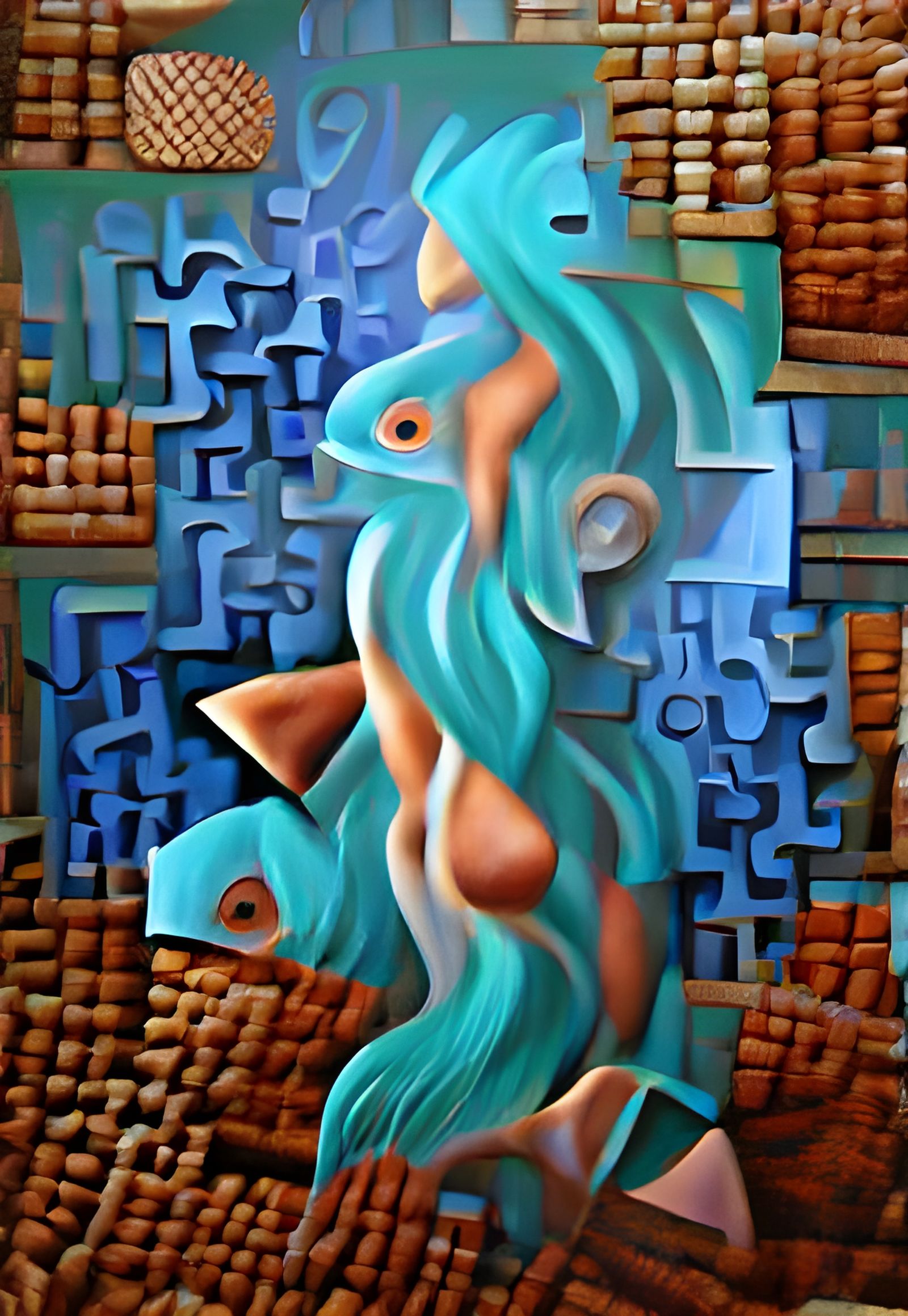 Abstract Cubist Mermaid in Aqua Blue