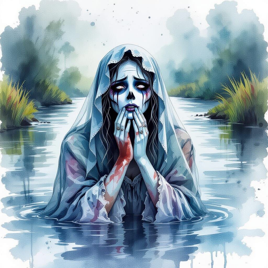 Mexican Ghost Woman Crying by River in Watercolor Style