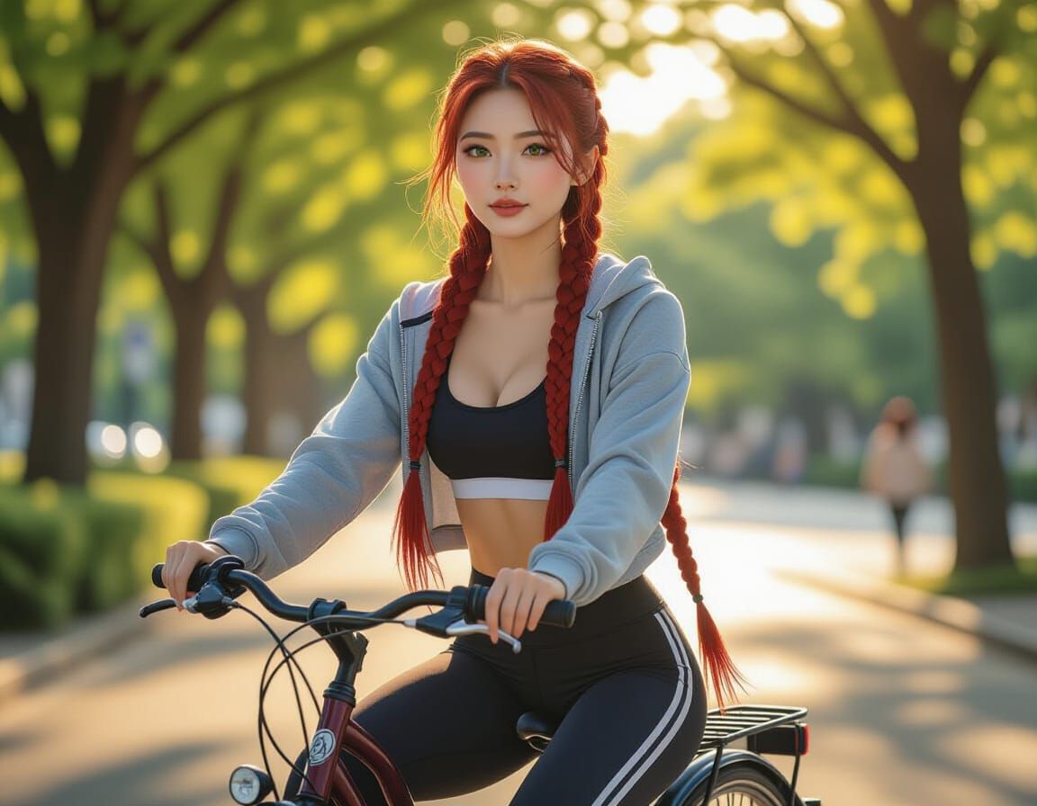 Woman Cycling in Yoyogi Park in Hyperrealistic Style