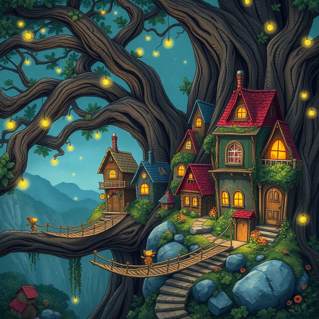 Whimsical Tree Village in Children's Book Style