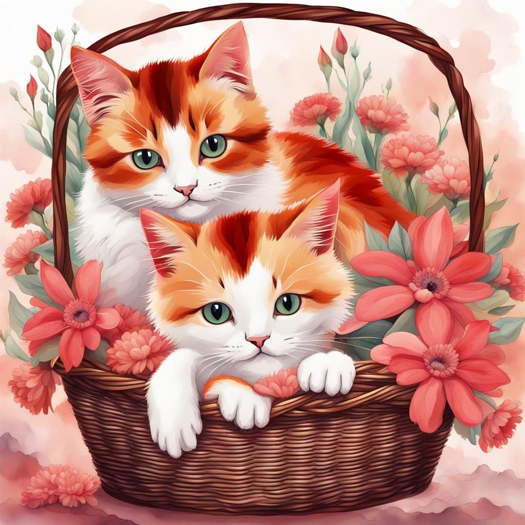 Calico Cat and Kittens in Basket, Watercolor Style