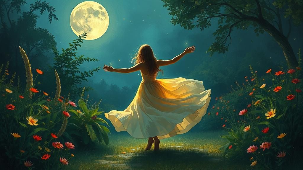 Woman Dancing in Moonlit Garden, Impressionistic Style