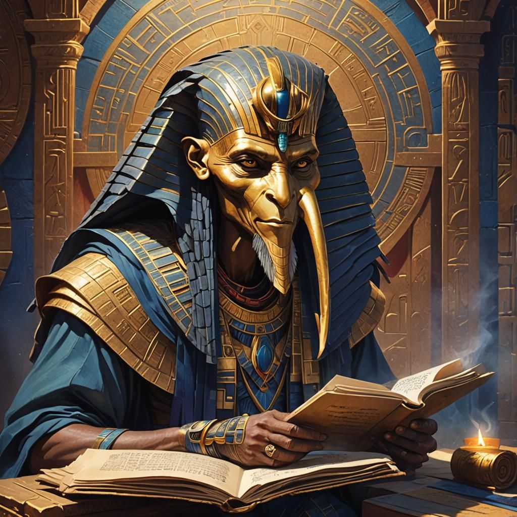 Thoth Reads Ancient Scrolls in Mystical Chamber