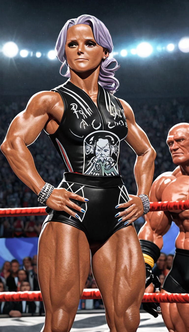 Dynamic Female Bodybuilder in 90s Biker Wrestling Attire