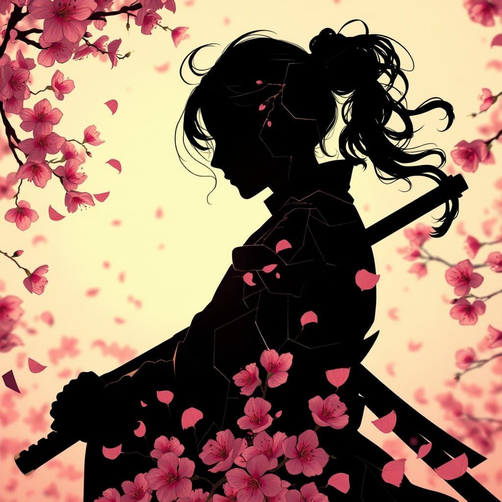 Swordmaster Amidst Cherry Blossoms in Dreamlike Art Nouveau...