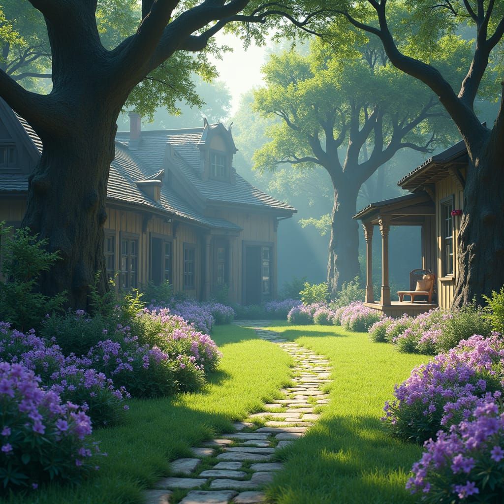 Dreamlike Summer Courtyard in Detailed Matte Painting Style