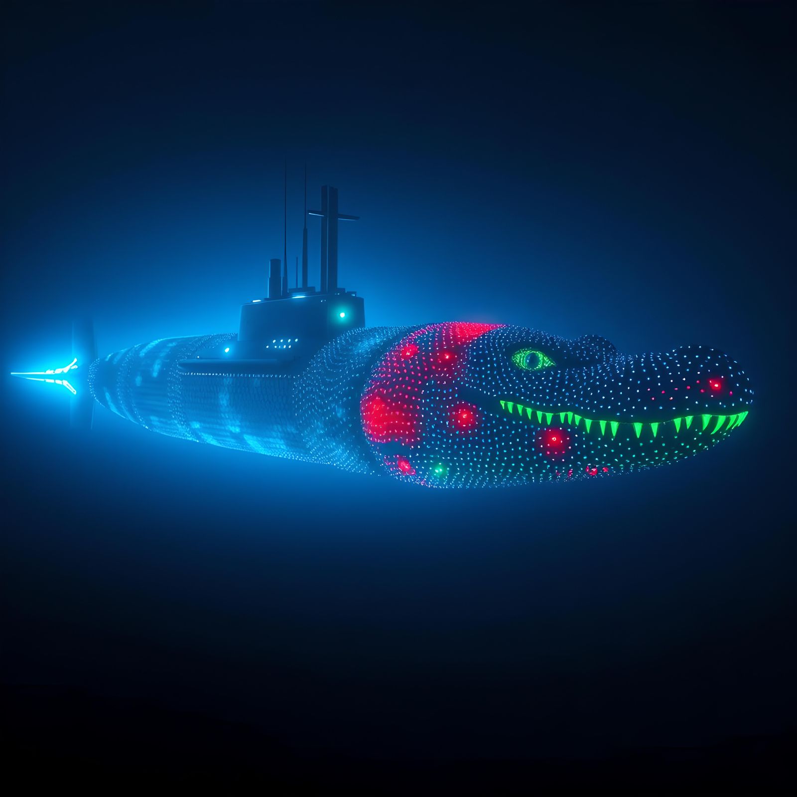 Submarine Surrounded by Bioluminescent Reptile