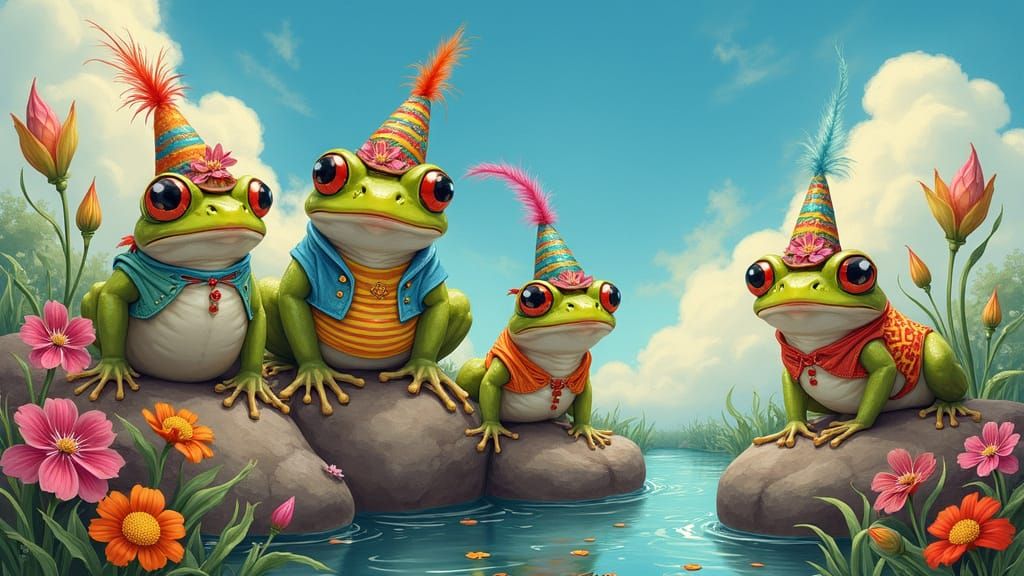 Whimsical Frogs Perch on Lava Rocks in a Vibrant, Fantastica...