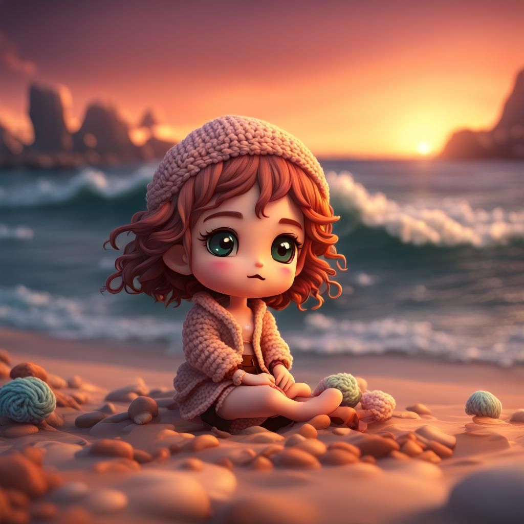 Chibi Crochet Character at Sunset: Digital Art