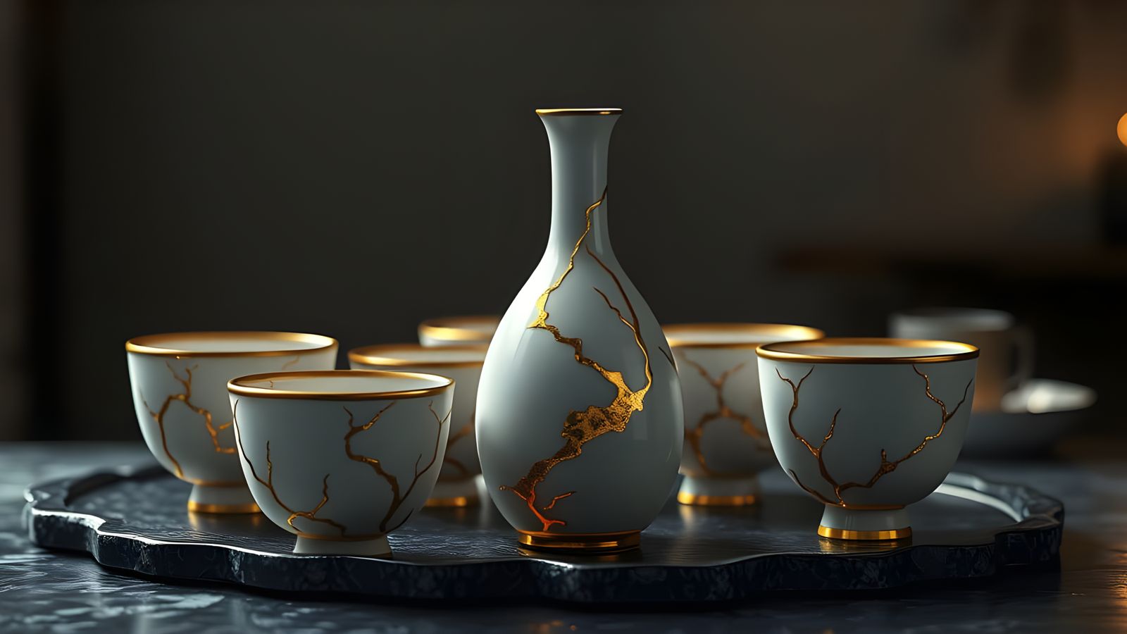 Gold Kintsugi Sake Set in Dreamcore Style