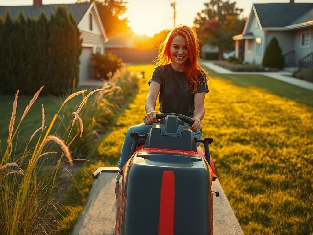 Overgrown Yard Contrasts Mowed Lawn with Woman on Riding Mow...