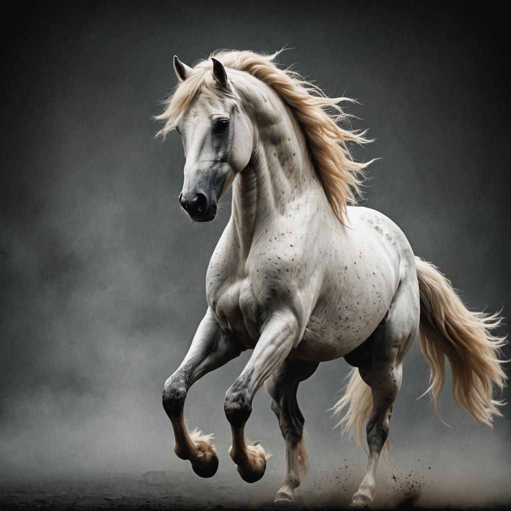 Dramatic White Fleabitten Horse Rearing Up