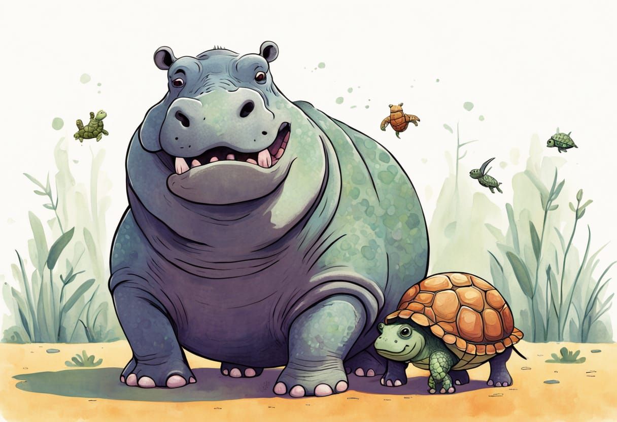 Hippo and Turtle Friendship in Folk Art Style