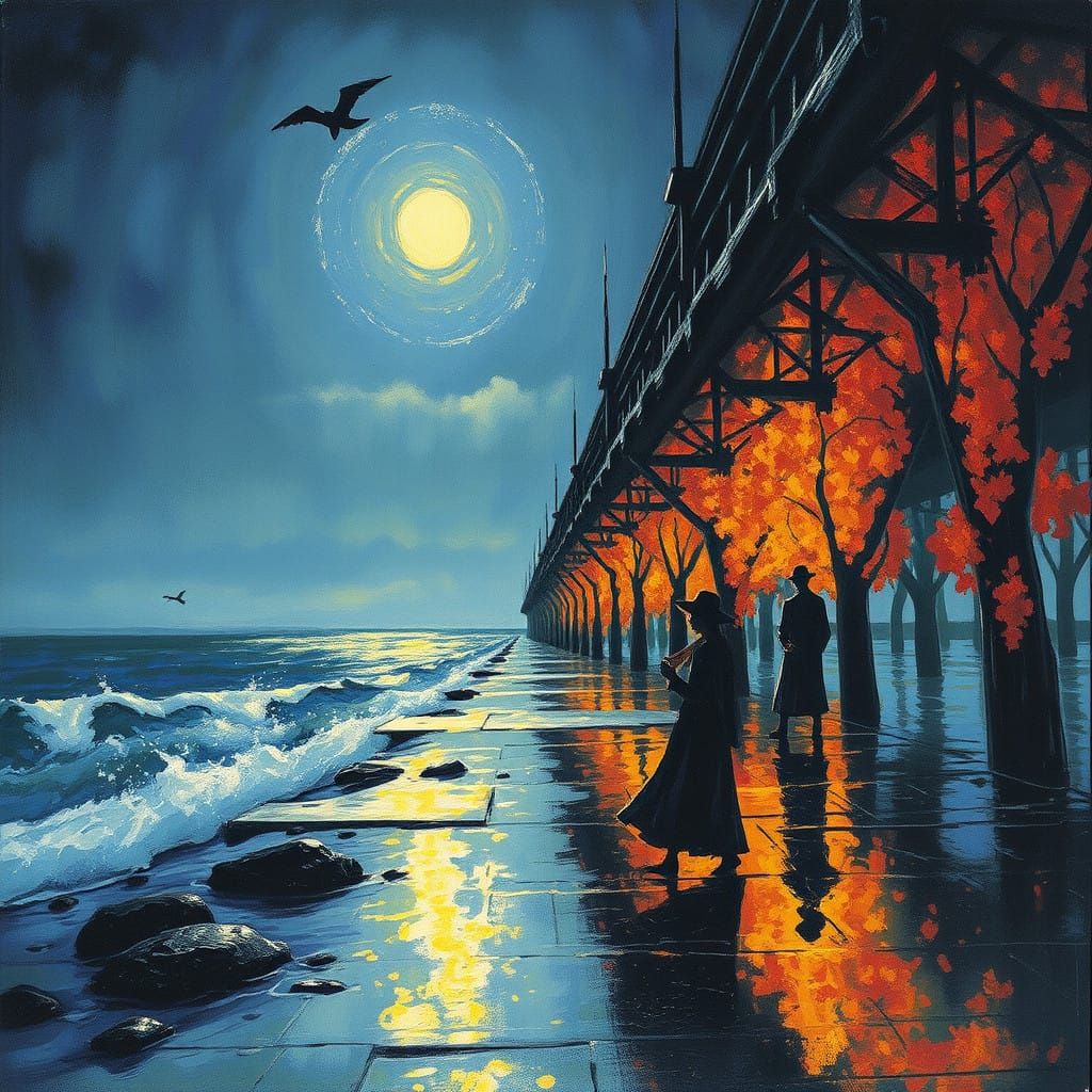 Vibrant Boardwalk Scene in Impressionist Style