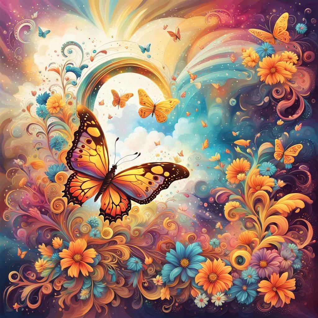 Ethereal Butterfly with Boho Flowers as Oil Painting