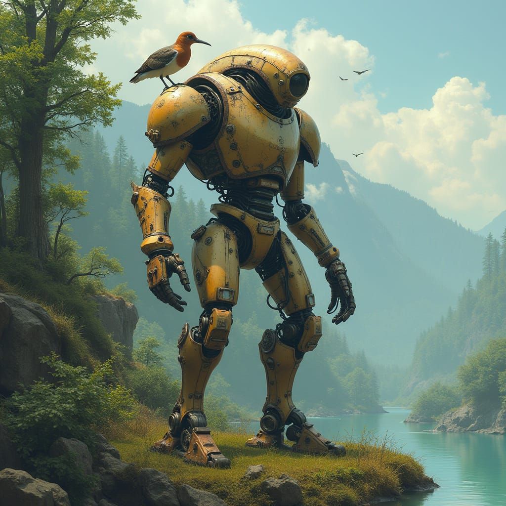 Robot and Gosling on Island, in Retro-Futuristic Style