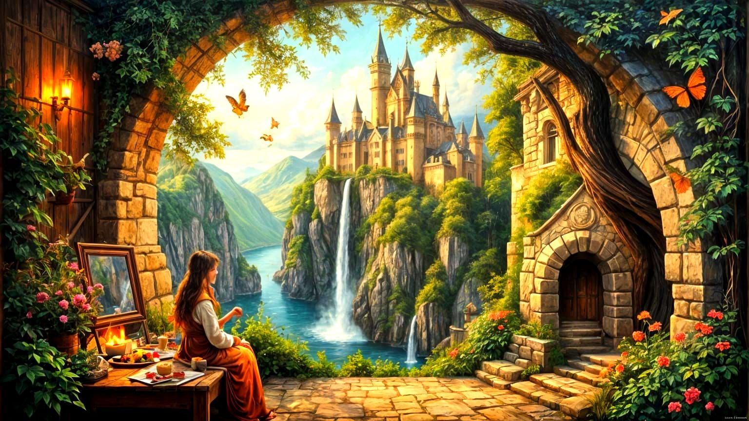 Woman Painting a Glowing Fantasy Castle Oil on Canvas