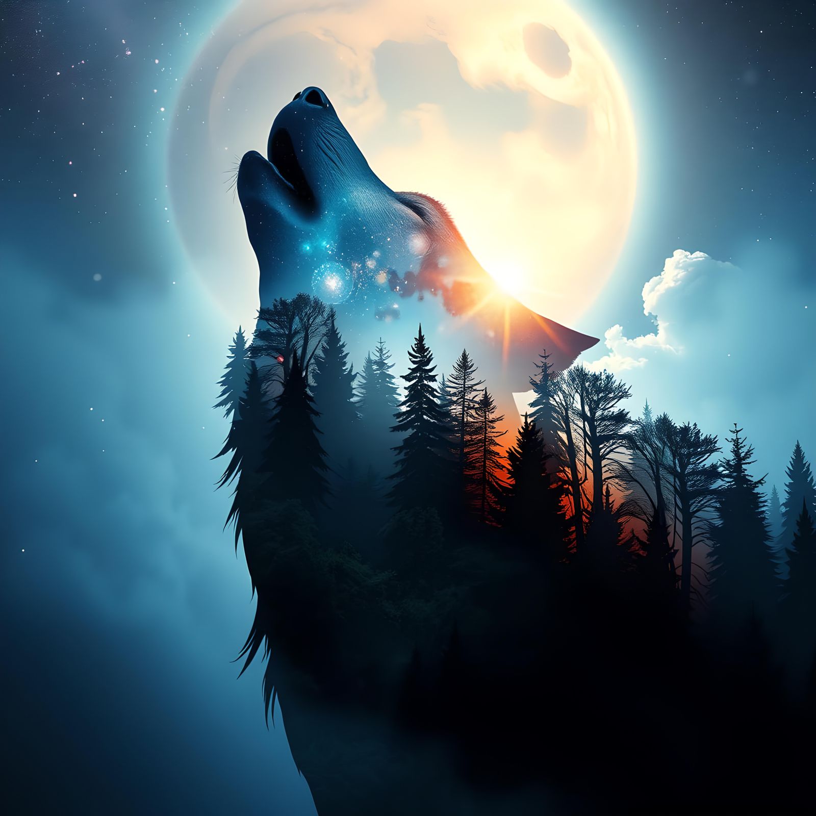 Cosmic Wolf Dreamscape: Surreal Double Exposure
